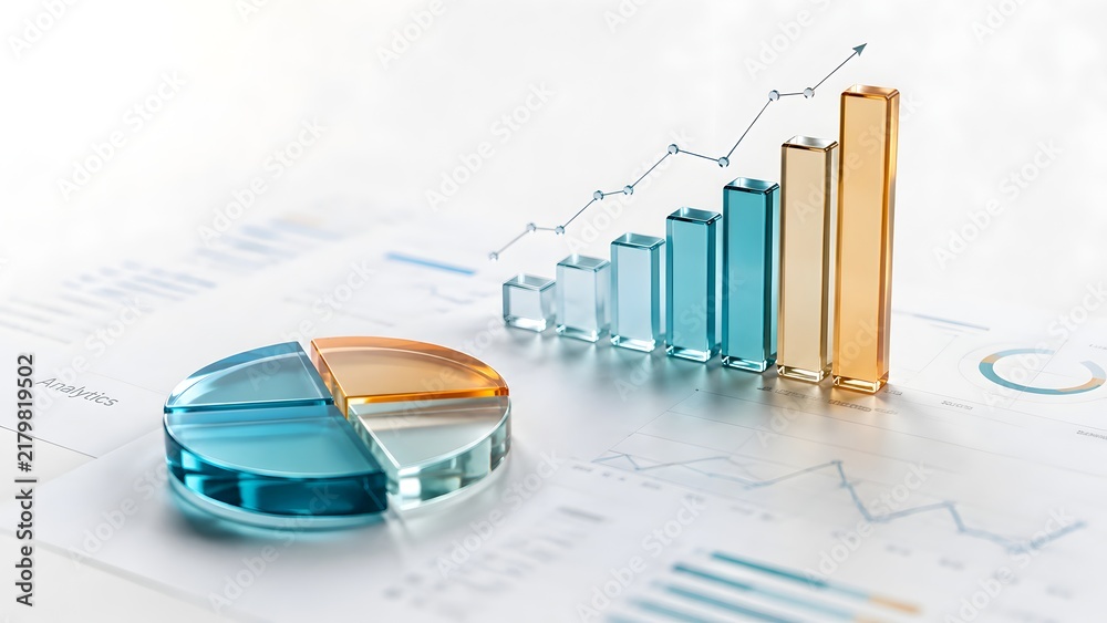 Obraz premium 3D transparent glass bar chart and pie chart resting on printed financial data reports illustrating corporate business analytics market research and strategic planning concept.