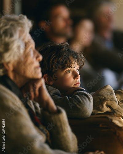 Thoughtful Child Sitting Beside Grandmother In Warm Intergenerational Family Gathering