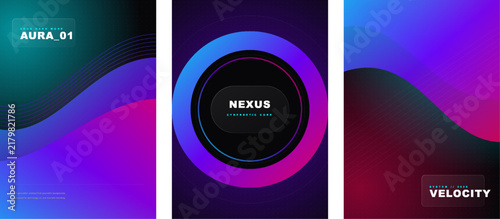 Dynamic neon aura velocity gradient posters with glowing concentric circles and fluid wave patterns velocity gradient abstract futuristic electronic template composition creative
