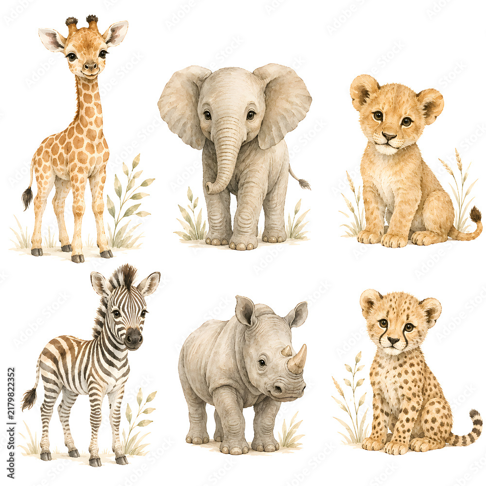 Fototapeta premium Cute watercolor safari baby animals clipart set with giraffe elephant lion zebra rhino
