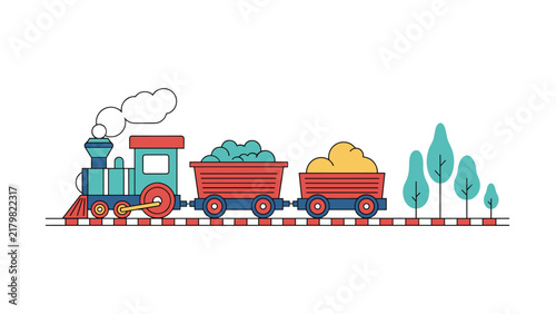 Colorful cartoon toy train with steam locomotive pulling two cargo wagons of sand and coal on a railway line.
