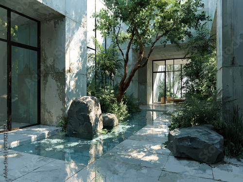 Hand‑drawn watercolour sketch of sunlit open‑air villa courtyard; lush tropical greenery fills the stone‑walled patio with outdoor lounge seating.