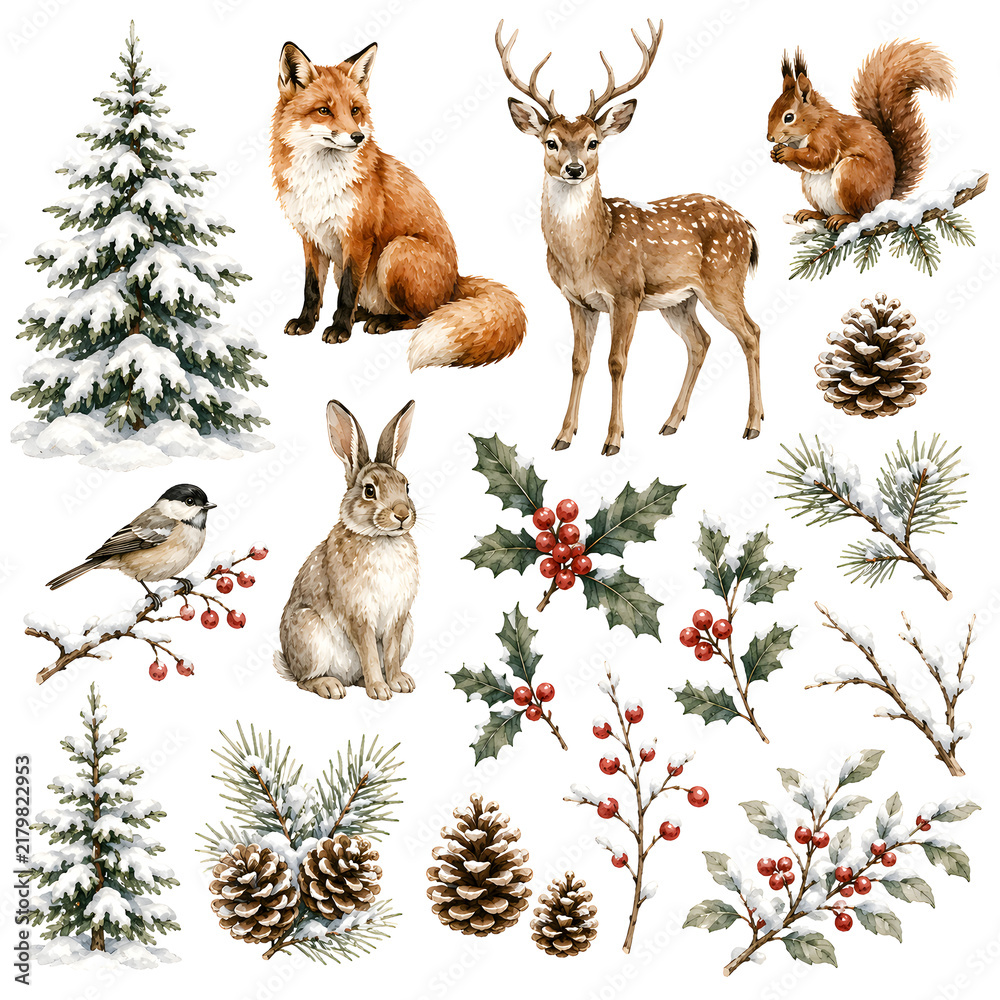 Obraz premium Watercolor Winter Woodland Clipart Set with Forest Animals and Snowy Pine Trees