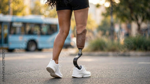 Close view of a prosthetic leg while walking in the city