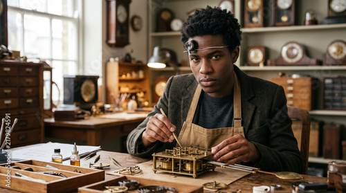 Young African American Watchmaker Repairing Vintage Clock Mechanism in Workshop. Concept of inspector, clockmaker, horology, craftsman, artisan, restoration.