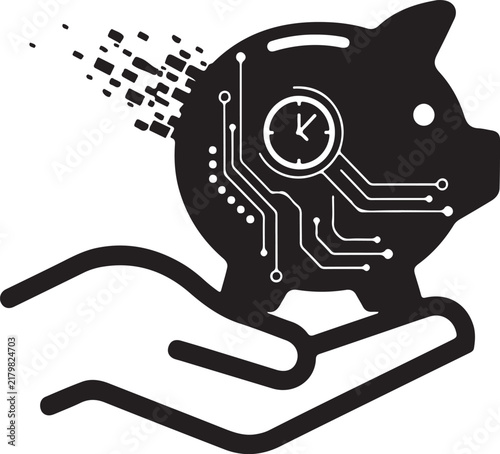 Black silhouette of a piggy bank with digital circuit board patterns and a clock, held in a hand, representing financial time management
