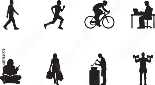 Collection of black silhouettes showing people in various daily activities, including walking, running, cycling, working, and shopping, on white