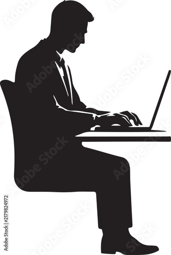Silhouette of a man sitting at a desk and working on a laptop computer, isolated on a white background, representing office work and technology