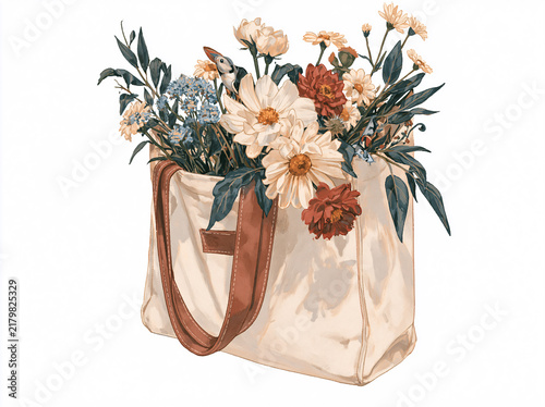 Vintage‑style illustration of a cream canvas tote bag with brown leather trim overflowing with fresh white daisies, blue cornflowers and green foliage against a plain off‑white background.