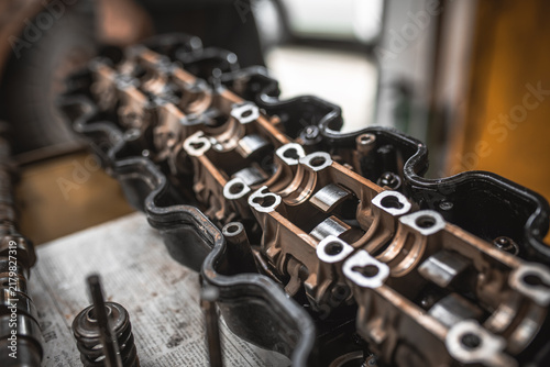 Close-up of a disassembled internal combustion engine valve train