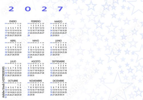 2027 calendar in Spanish with an elegant star pattern, horizontal format, and blank space to add text, announcements, or visual elements