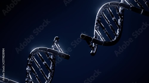 Abstract metallic DNA double helix genome CRISPR editing animation. Innovative genetic therapy simulation in dramatic dark space. Futuristic medical bioinformatics science. 4k UHD