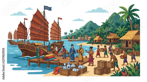 Historical Chinese Junk Ship at Tropical Port.