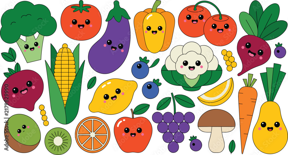 Naklejka premium Cute Hand Drawn Fruit and Vegetable Characters Set with Funny Faces Isolated on White Background for Kids Food Design