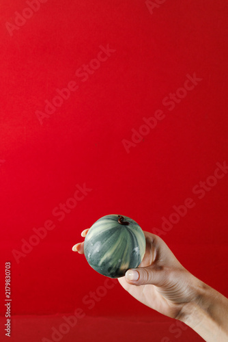 Obraz na plátně Green gooseberry shaped gourmet mousse dessert with realistic fruit texture held