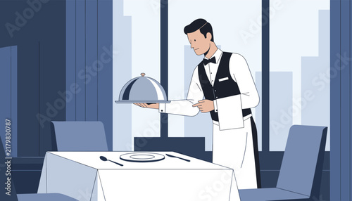 Professional restaurant waiter in a formal vest and bowtie holding a silver cloche serving tray while standing in a fine dining establishment.