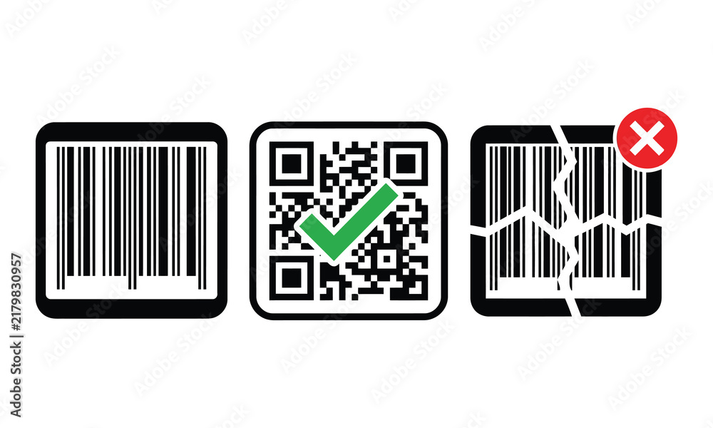 Obraz premium Barcode and qr code scanning status icons showing valid and broken codes