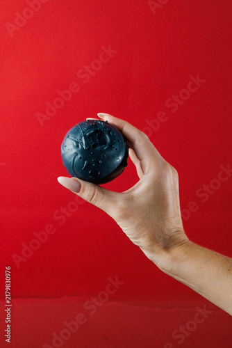 Obraz na plátně Close-up of blueberry shaped gourmet mousse dessert with water droplets held by