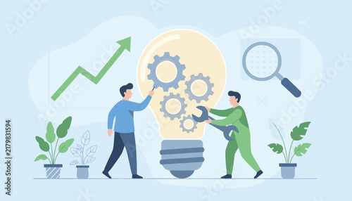 Two professional technicians working together to build or repair a large lightbulb with mechanical gears inside for innovation and ideas.