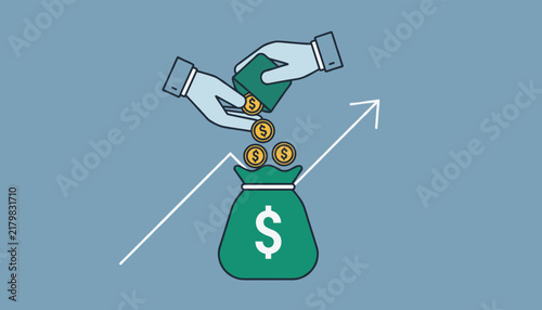 Person hands putting gold coins from a small green container into a large money bag with a dollar sign and a rising growth arrow.