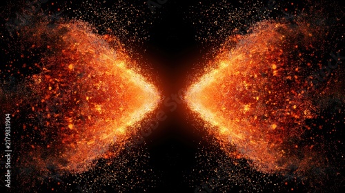 Warm orange glowing particle bursts mirrored at image edges with dark central negative space