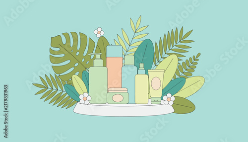 Collection of green and peach colored skincare product bottles and jars arranged on a platform with tropical leaves and flowers.