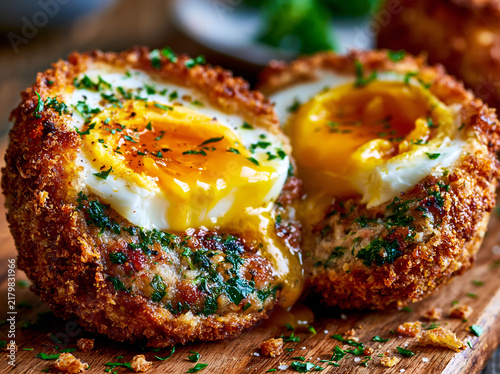 Close‑up halved scotch egg revealing runny golden‑yellow soft yolk center, herbed sausage meat, crispy golden breadcrumb crust on wooden board.