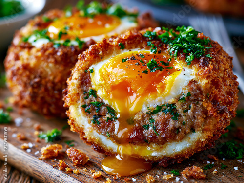 Close‑up halved scotch egg revealing runny golden‑yellow soft yolk center, herbed sausage meat, crispy golden breadcrumb crust on wooden board.