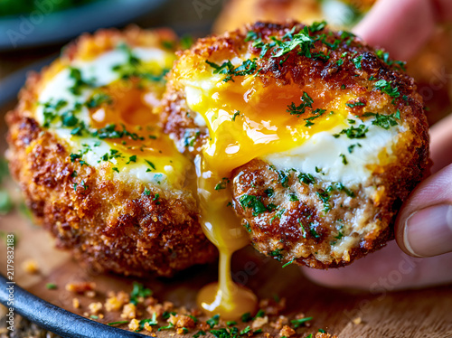 Close‑up halved scotch egg revealing runny golden‑yellow soft yolk center, herbed sausage meat, crispy golden breadcrumb crust on wooden board.