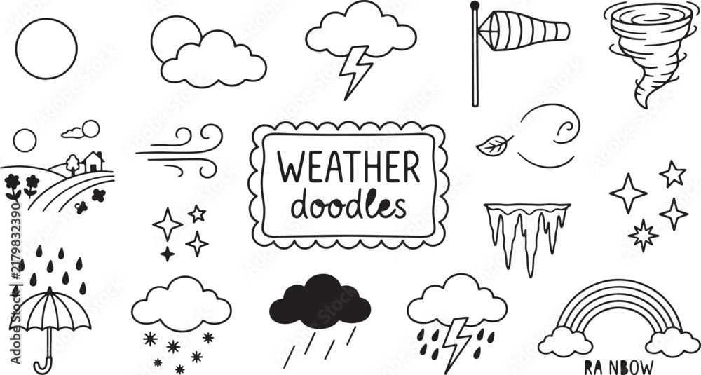 Fototapeta premium Doodle set of weather elements, hand drawn vector icons, black outline illustration for climate and forecast concept.