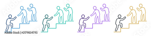 people helping climb stairs teamwork outline icon set on transparent background