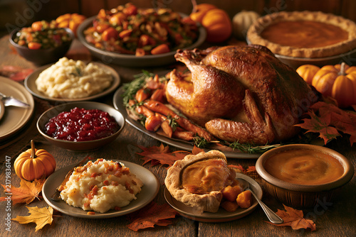 Thanksgiving dinner spread featuring roasted turkey, mashed potatoes, cranberry sauce, pumpkin pie, and seasonal vegetables on a rustic wooden table with autumn leaves