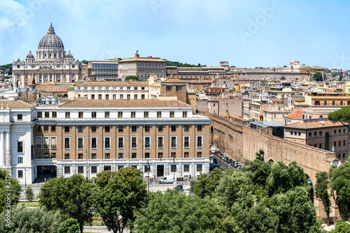 View of St. Peter’s Basilica and the Vatican City walls, seen from Castel Sant’Angelo