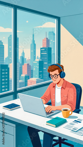 Illustration of man studying online from home with headset