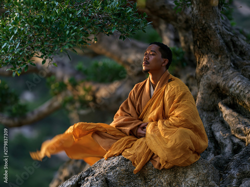 A monk sits cross‑legged in meditation upon a rugged rock beneath leafy tree branches, eyes closed, peaceful, against a mist‑covered mountain landscape at soft twilight.