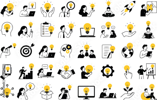 Innovative business concepts collection featuring people with yellow lightbulbs on black background.