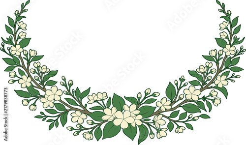 Elegant Floral Wreath Vector Border Design with Cream White Blossoms and Green Leaves in Symmetrical Semicircular Garland Layout for Classic Wedding Invitation Templates