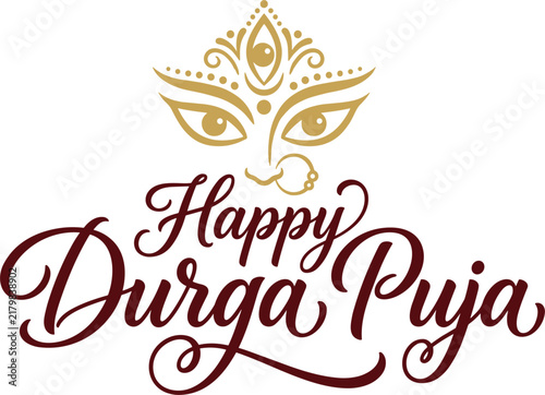 Elegant Vector Design for Happy Durga Puja Featuring Golden Goddess Maa Durga Face Icon and Maroon Script Calligraphy Typography for Religious Hindu Festival Greeting Cards