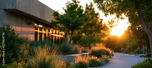 Panel kuchenny z motywem Sustainable low - rise building with native landscaping at sunrise