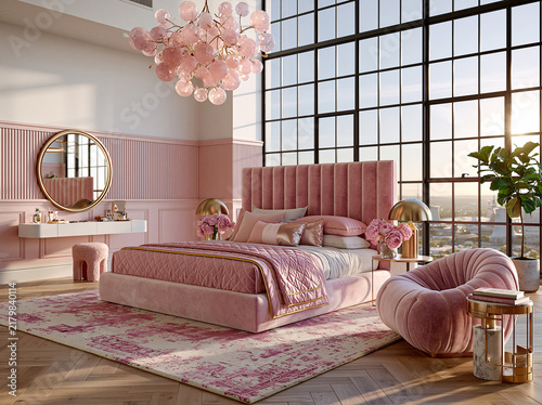 Dreamy blush‑pink luxury bedroom with tall grid‑paned windows, velvet bed, crystal bubble chandelier, decorative mirror, and plush textured rug.