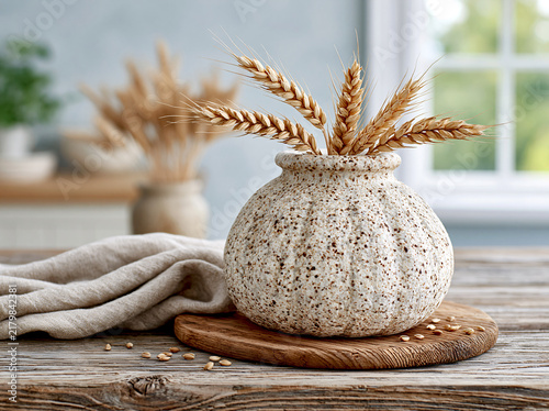 Bundle of ripe golden wheat stalks placed inside textured linen vase resting on weathered rustic wooden kitchen table.