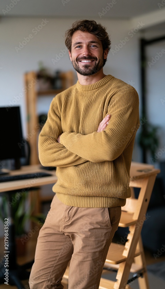 Fototapeta premium Confident freelancer standing by compact desk in bright apartment studio