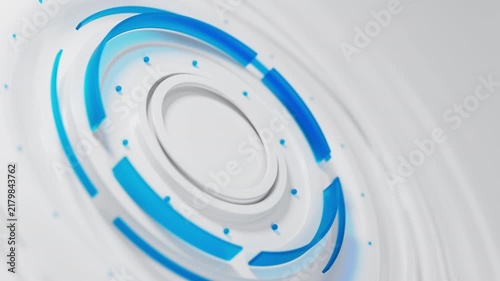 Angled blue futuristic podium with rotating rings seamless loop