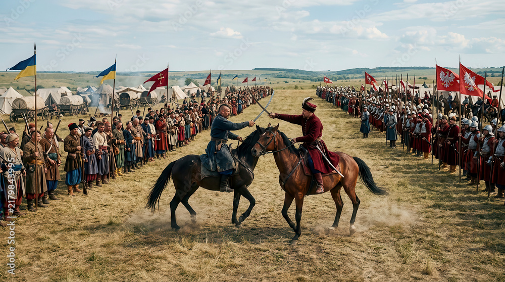 Fototapeta premium Two horsemen in historical costumes dueling with swords between two opposing armies on a field