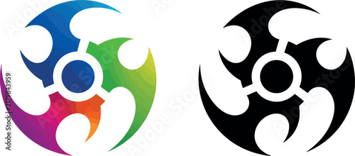 Abstract circular shuriken style emblem design in bright gradient colors and solid black silhouette.