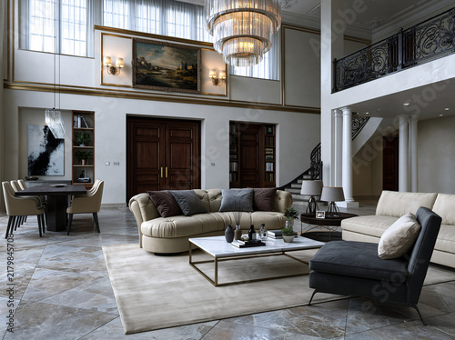 Stately two‑story grand traditional mansion living hall, tufted sofa, crystal chandelier, classical artwork, sweeping wrought‑iron staircase.