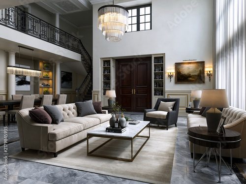 Stately two‑story grand traditional mansion living hall, tufted sofa, crystal chandelier, classical artwork, sweeping wrought‑iron staircase.