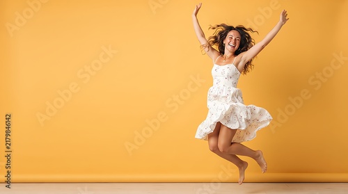 A joyful young woman in a floral summer dress jumping high against a vibrant yellow background