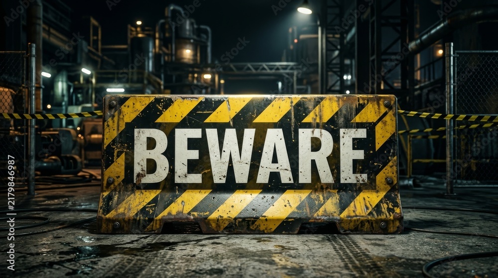 Naklejka premium Beware Warning Sign in Industrial Construction Environment Representing Workplace Safety Hazard Risk and Security Awareness