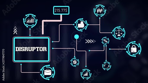 Market disruptor technology visual highlighting revolutionary business models, digital paradigm shifts, and transformative icons